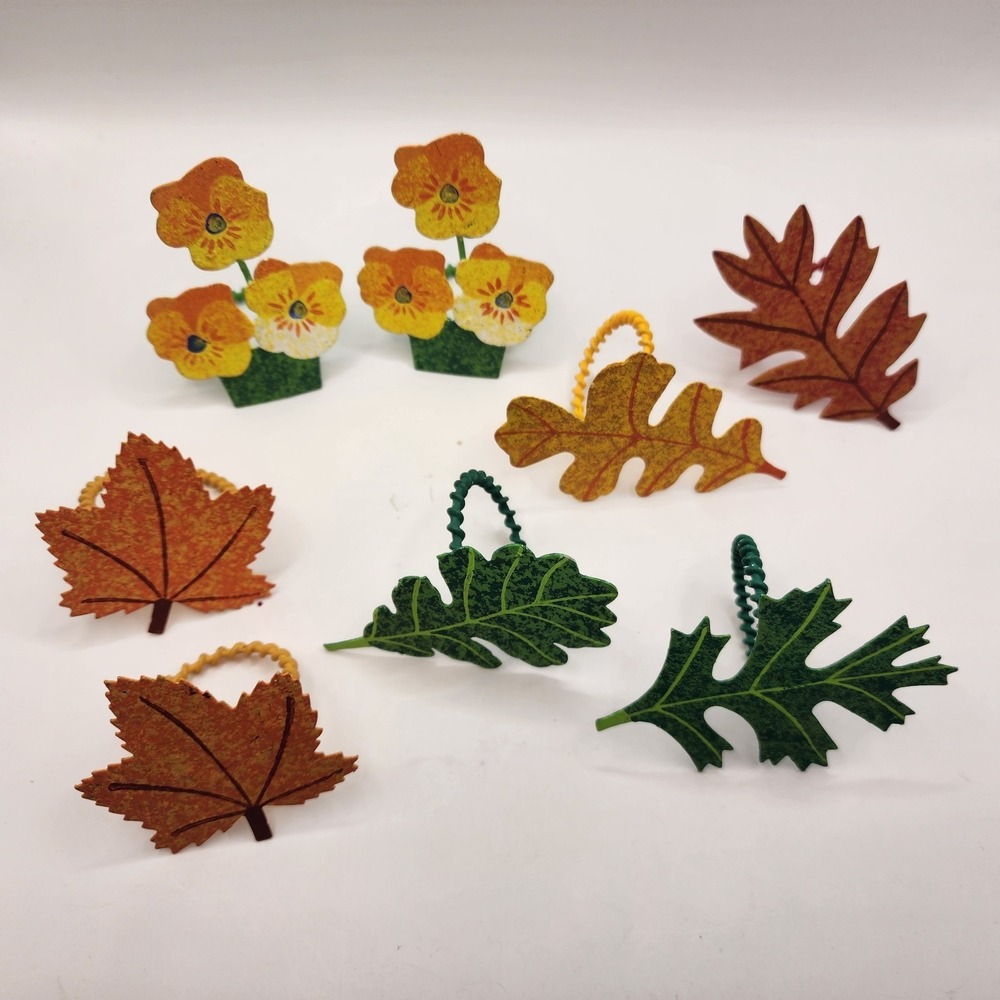 Set Of 8 Fall Leaves Flowers Metal Napkin Ring Holders Hand Painted Thanksgiving